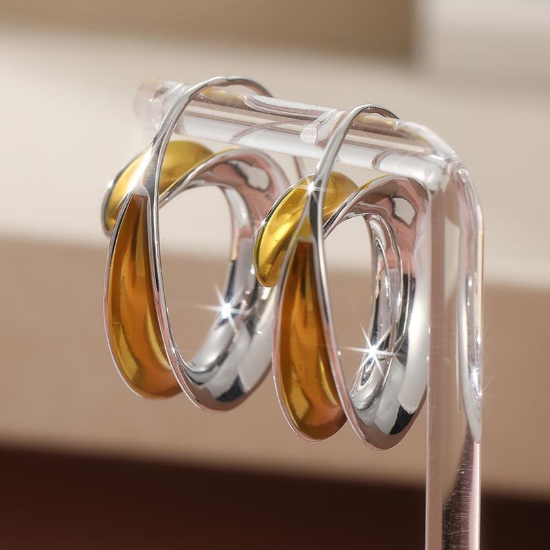Simple  Two Tone Metal Geometric Glossy Surface Hoop Earrings for Women Jewelry