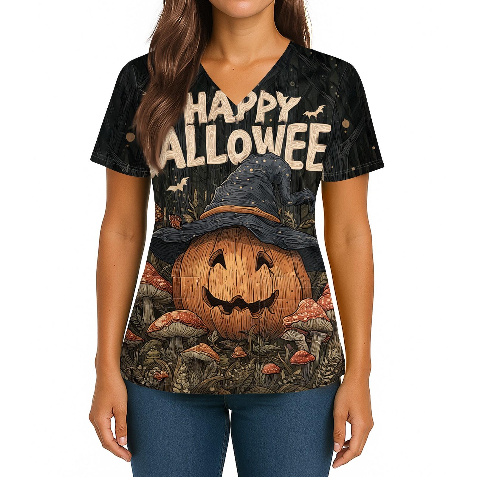 

Women s Halloween Printed V-Neck Double Pocket Short Sleeves Hem Slit Uniform Caregiver Top XXXL чорний