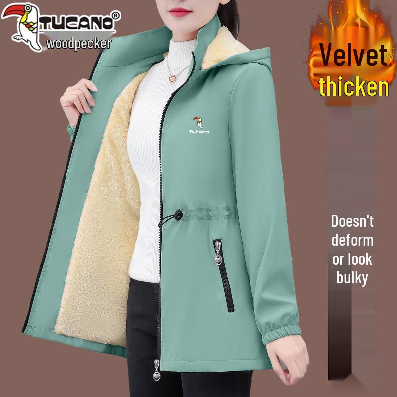 Woodpecker Women's Mid-Length Fleece Coat - 2025 Autumn/Winter Warm Thickened Windbreaker Jacket