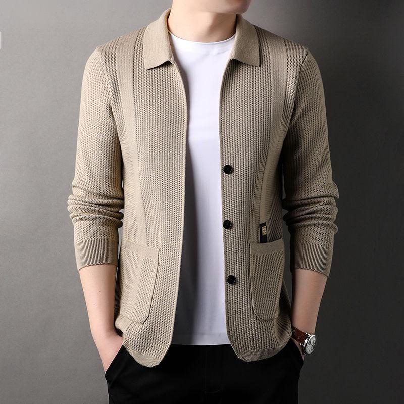 Autumn Winter Men Sweater Coat Lapel Solid Pockets Button Korean Fashion Casual Office Loose Long Sleeve Cardigan Knitted Tops