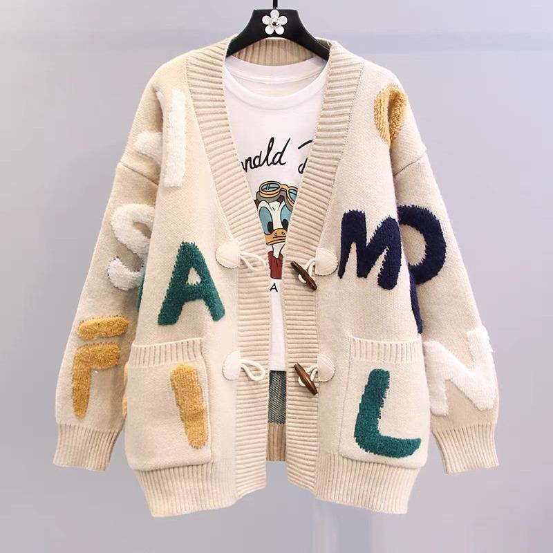 Autumn and Winter Loose Lazy Style Foreign Style Knitted Cardigan Contrasting Color Casual Towel Embroidered Letter Horn Button Sweater Jacket Women