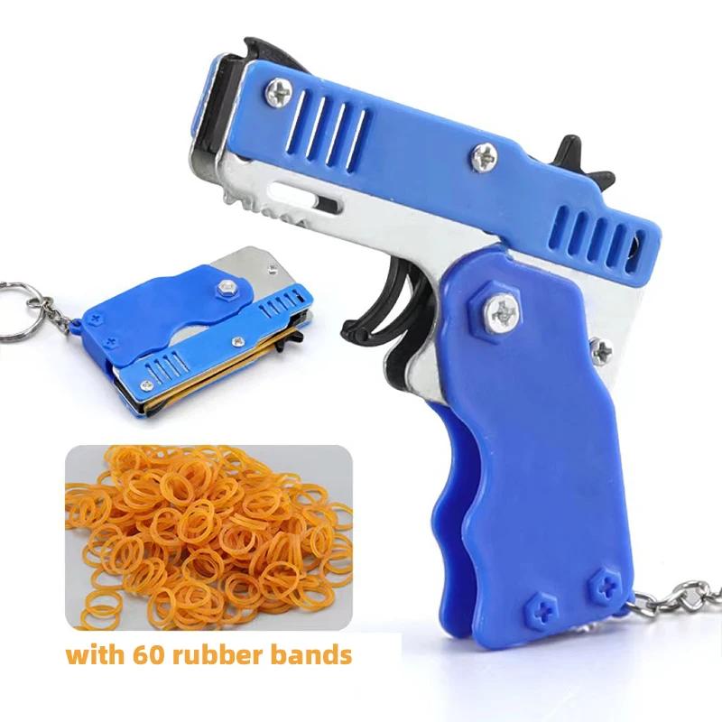 Metal Toy Gun Mini Burst Folding Rubber Band Gun Alloy Model Gun Pendant Outdoor Sports Toy Pistol Keychain for Boys Kids