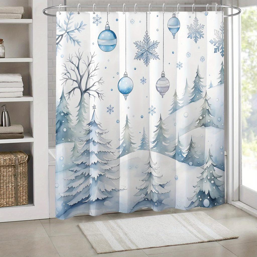 Cartoon Snowflake Blue Ball Cedarwood Christmas Print Shower Curtain, High Quality Polyester Fabric with Hooks