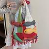 Boho Fashion Bag 3D Fish Knitted Tote, Patchwork Shoulder with Tassels, Practical Sundries Colorful Women Purse for Daily Commuting Travel Shopping