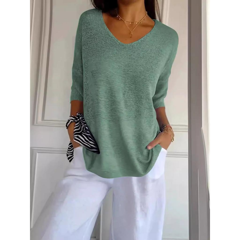 Spring Summer Women's European American Style V-neck Solid Color Lightweight Knit Top Casual Basic Knit Sweater Base Layer