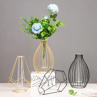 Nordic Styles Hydroponic Flower Vase Geometric Line Frame Iron Art Vase Glass Test Tube Metal Holder Home Decoration Craft Gift