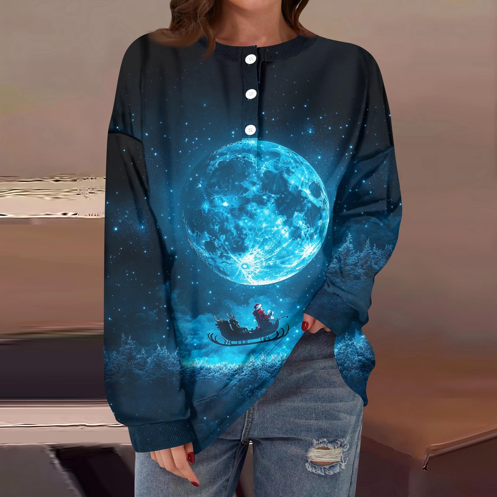 

Женская повседневная мода, удобная рождественская футболка с длинным рукавом, круглым вырезом, пуговицами, свободным подолом и боковыми разрезами L синий