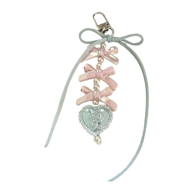 Heart and Bowknot Keychain with Pearls Stylish Bag Charm Key Decoration Purse Handbag Ornament for Everyday Use 1