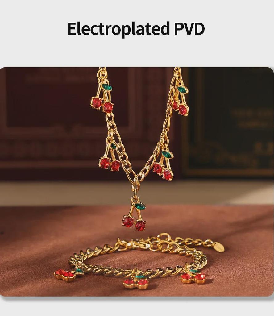 Szykowny zestaw biżuterii z czerwonymi czereśniami: Szklany Kamień Naszyjnik i Bransoletka