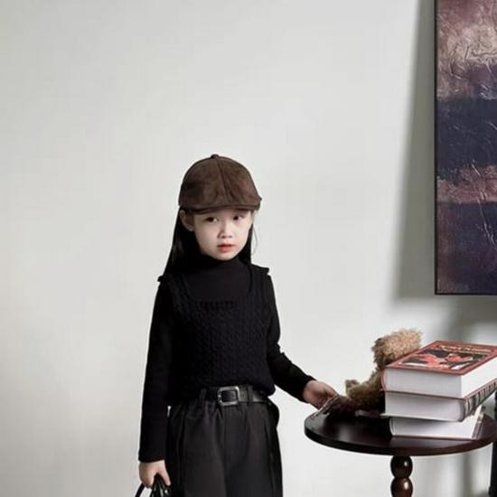 Girls' 2024 Autumn/Winter Sweet Retro Leather Jacket & Sweater Set with Wide-Leg Pants