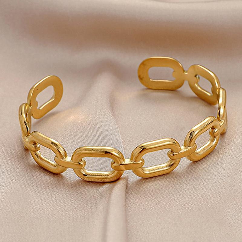 DIEYURO 316L Stainless Steel Women Bangles Fashion Square Link Hollow Out Bangle Vintage Gold Color High Quality Zircon Gift