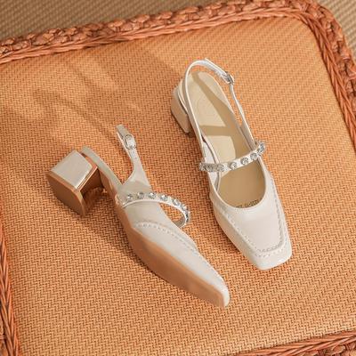 -Pearl Bag Head Sandals Fairy Style New Mary Jane High Heels Thick Heel Square Head Single Shoes Summer