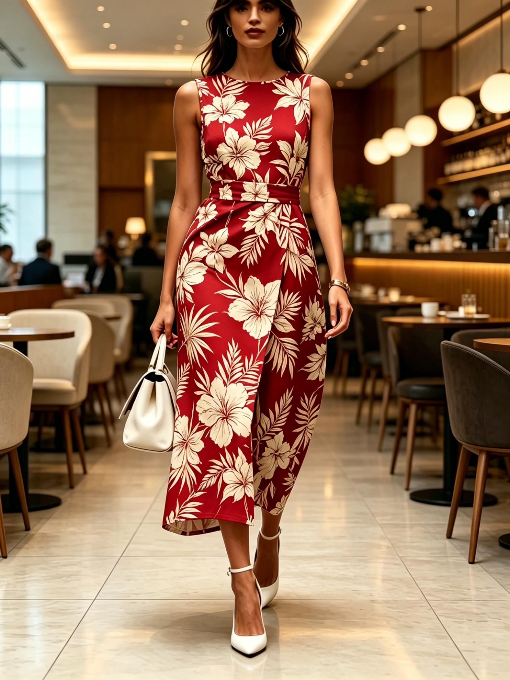 

Women Round Neck Sleeveless Midi Dress Red with White Hibiscus and Palm Print Modern Elegant Casual Fashion Spring Summer Autumn Womens Clothing XXL