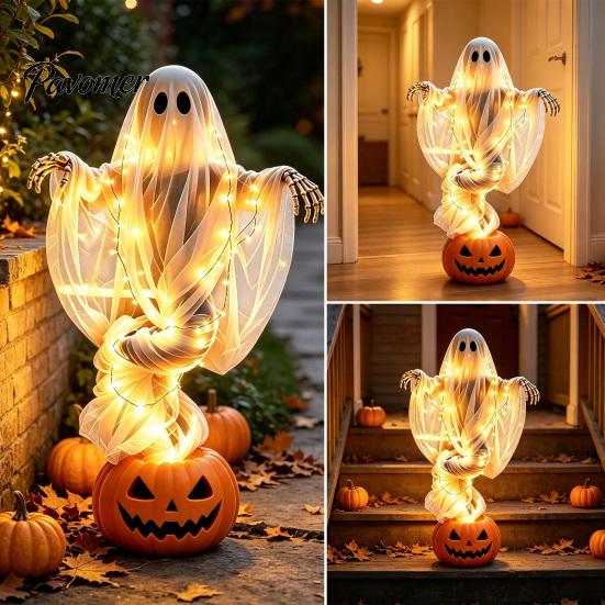 Decorative Festive Lighting Swirling Ghost Pumpkin Yard Lamp, Halloween Glowing Spooky Decor with Solar Powered Alternative Design, Outdoor