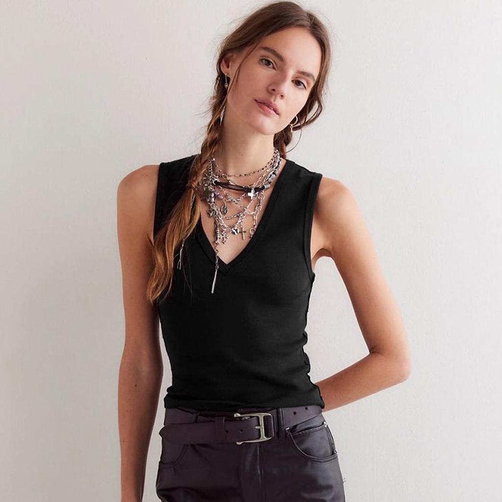 Modern V Neck Sleeveless Top For Women With Ribbed Knit Fabric For Summer Casual Wear