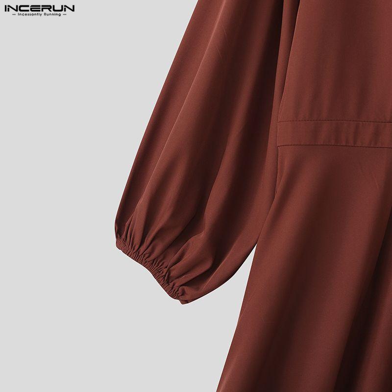 INCERUN Men Stand Neck Long Sleeve Button Up Casual Pleated Long Shirts Tops