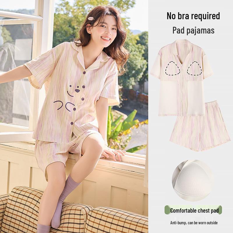 

2026 Summer Women s Cotton Pajama Set with Chest Pads, Short Sleeves & Pants, Wearable Outdoors, Lightweight Homewear for Teens. XXL: Extra Extra Large