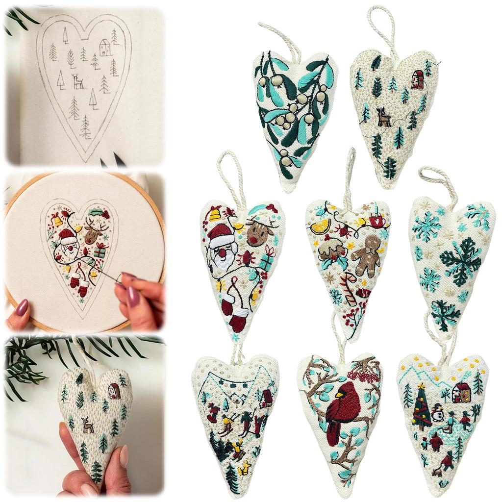 8 Sets Embroidery Christmas Ornament Kits with Needle and Thread Heart Christmas Embroidery Kit Heart Cross Stitch Kit