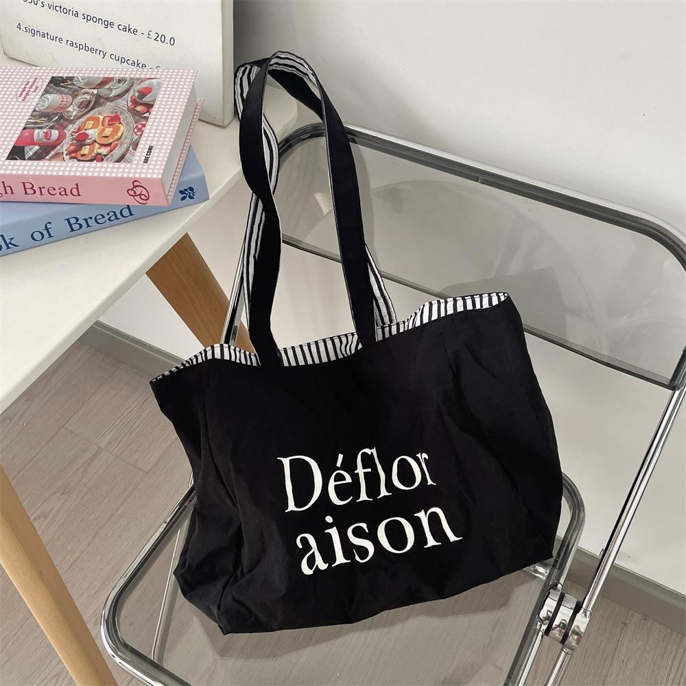 

Двусторонняя сумка-тоут с дофамином, ленивая полоса, цветная сумка с принтом букв, студенческая сумка-коммутер из холста чёрный