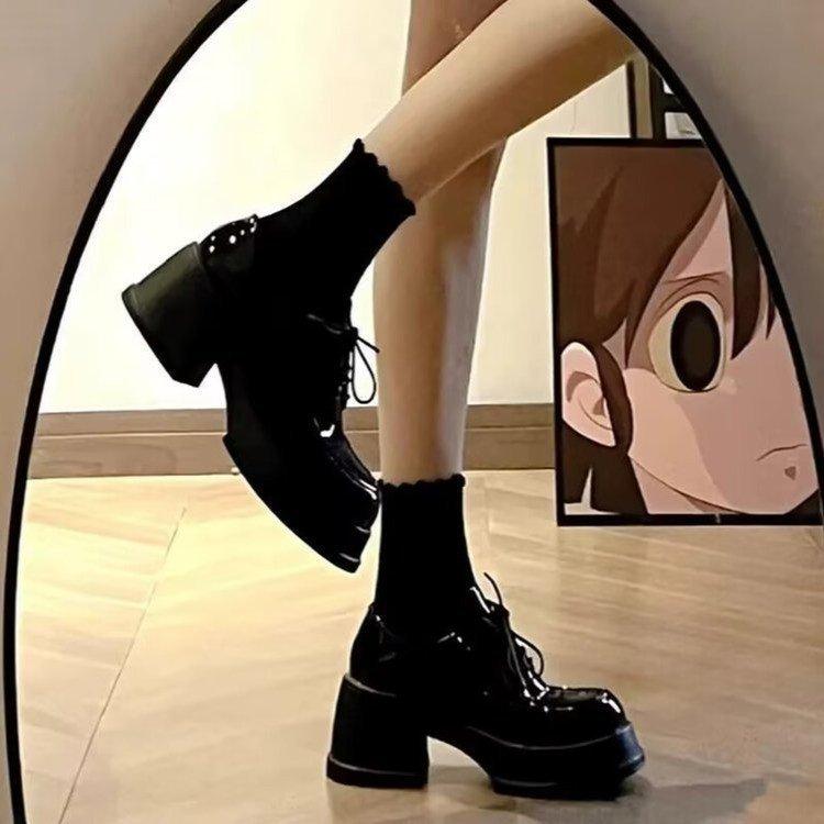 Schwarz Dicksohlige Kleine Lederschuhe Herbst Erhöht Dicke Ferse Mary Jane Schuhe Muffin Runder Kopf Hoher Absatz