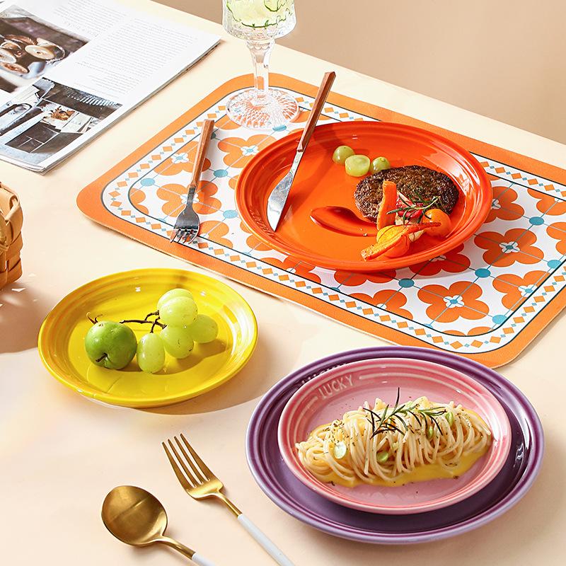 Nordischer Stil Bunte Keramikplatte Haushalts-Geschirrteller Westlicher Teller Steakteller Pizzateller Obst-Frühstücksteller Pastateller