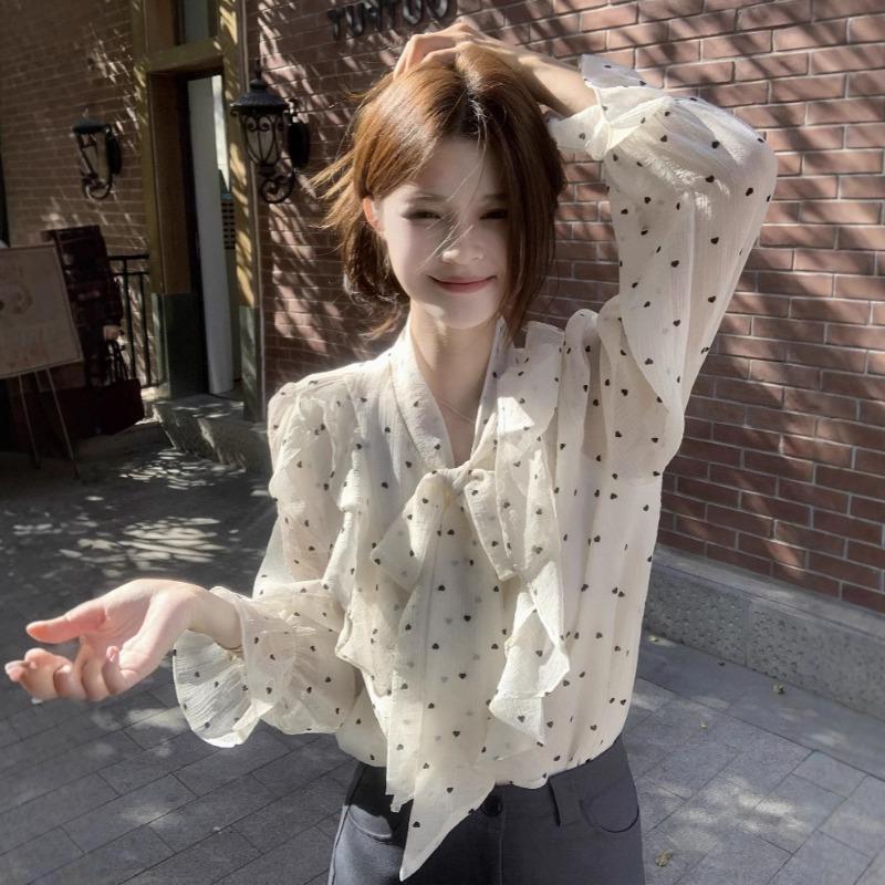 New French High-end Ruffled Polka-dot Shirt for Women Spring and Autumn Design Loose and Chic Top with Straps