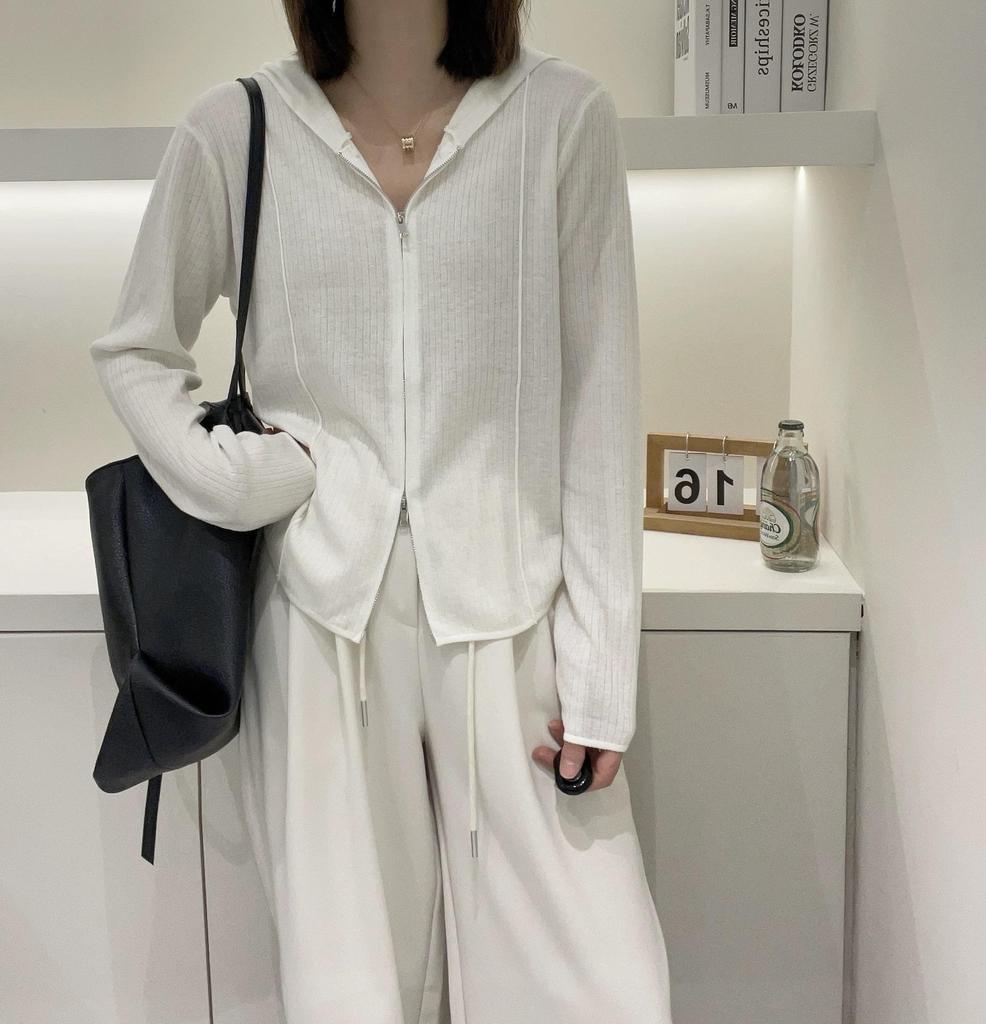 2024 Women's Ultra-Fine Wool Hooded Knit Cardigan Jacket with Double Zipper, European Style