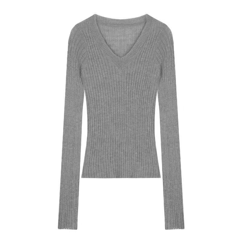 Elegant Mink Hair V-neck Sweater & Midi Skirt Set for Women - Autumn/Spring Slimming Ensemble