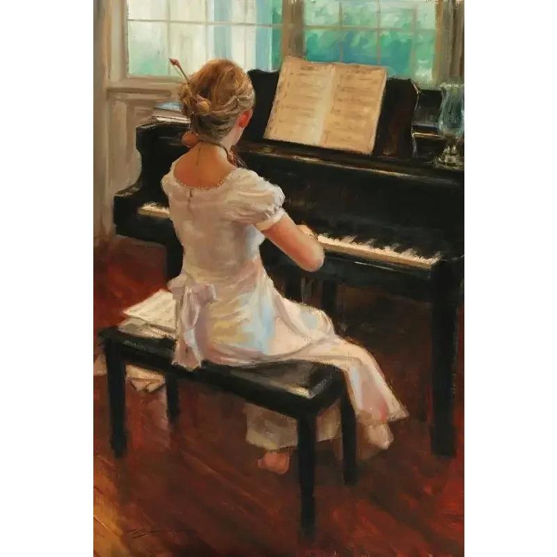 Vintage Play Piano Girls Aesthetic Canvas Painting Posters and Prints Wall Art Picture For Living Room Decoration
