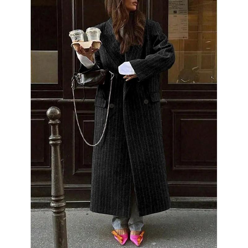 Womens Oversized Long Wool Blend Coat Winter Striped Loose Fit Trench Style Outerwear