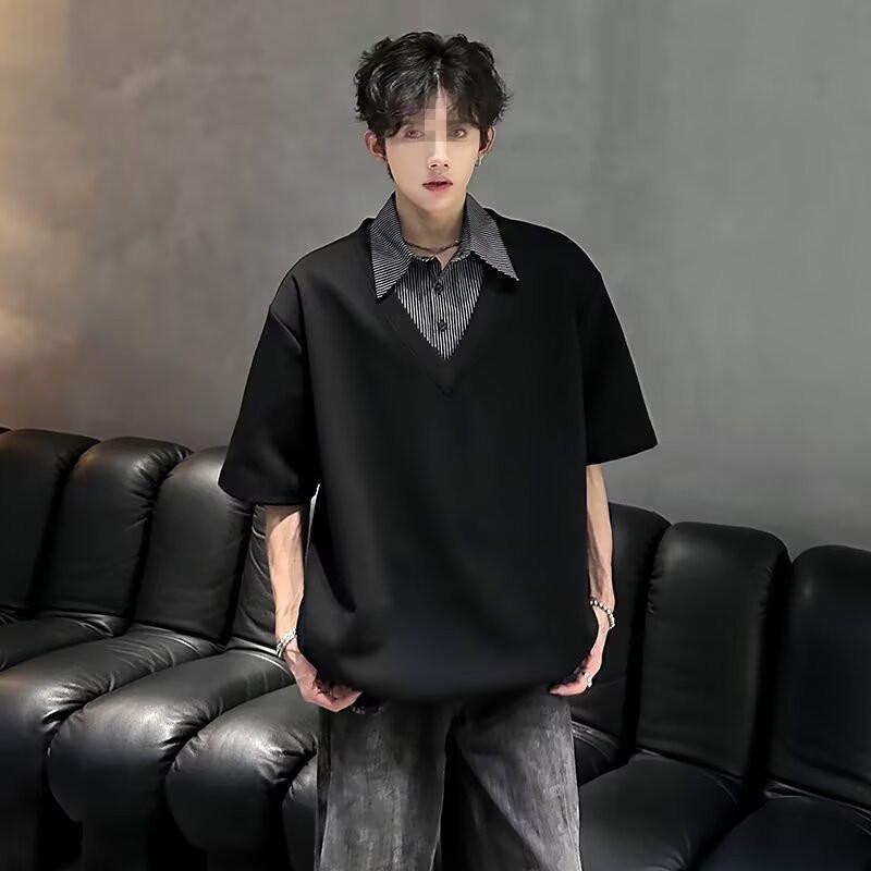 Men s Trendy Striped Patchwork Polo Short-Sleeve Shirt L чёрный