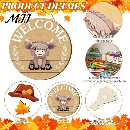 Festive Wooden Door Decoration 1 Set Interchangeable Welcome Sign with Seasonal Hat Accessories Gnome Hats Highland Cow Hanging Front Home