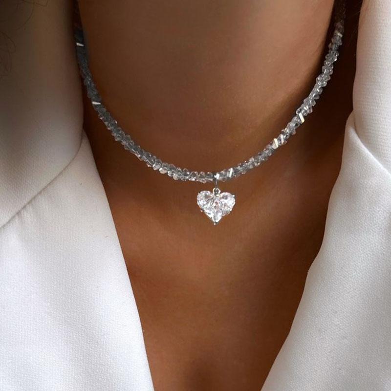 Boho Geometric Transparent Crystal Jewelry Fashion Vintage Sexy Zircon Heart Pendant Tassel Necklace For Women Neelry