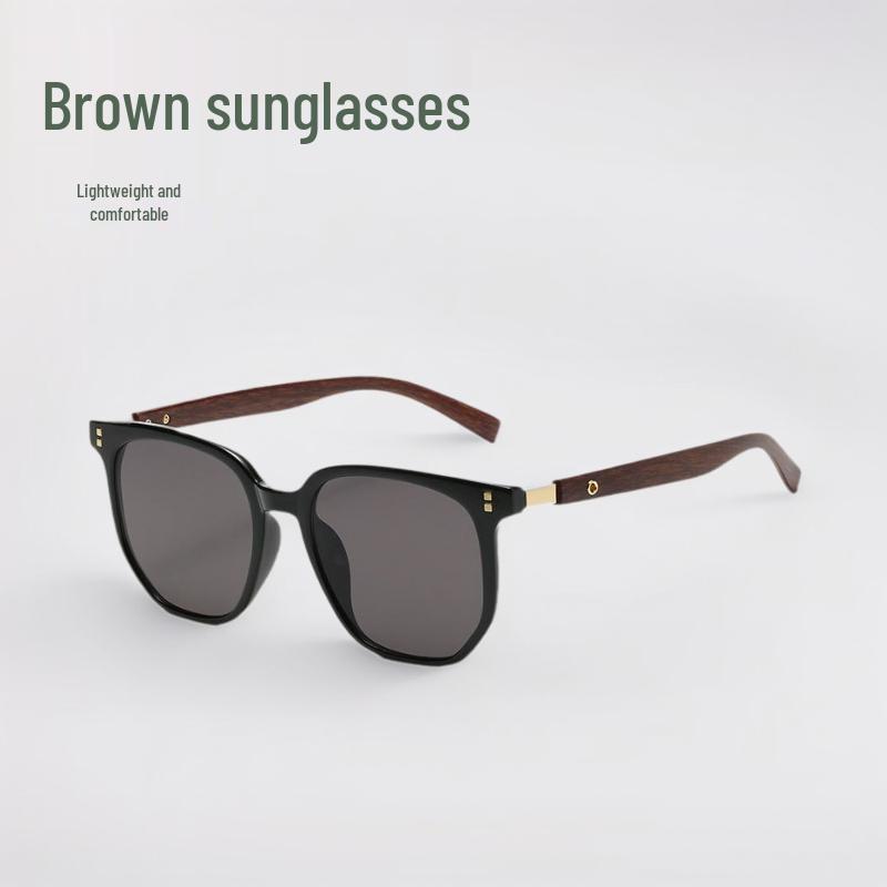 2025 Korean Style Brown Sunglasses - Women's Retro Square Frame with Wood Grain Legs for Round Faces, Fashionable Sun Protection