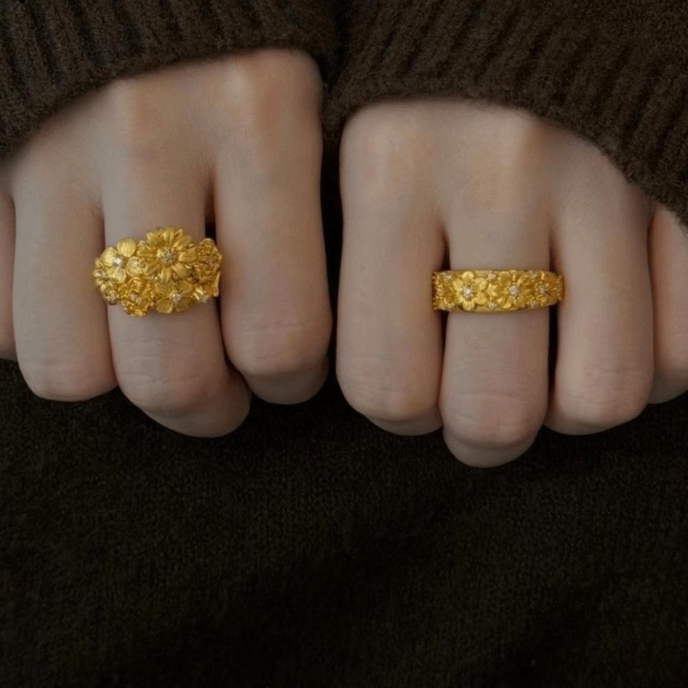 Sand Gold Floral Adjustable Ring Luxury Gold Plated Ring Rhinestone Accent Ring Women Accessories