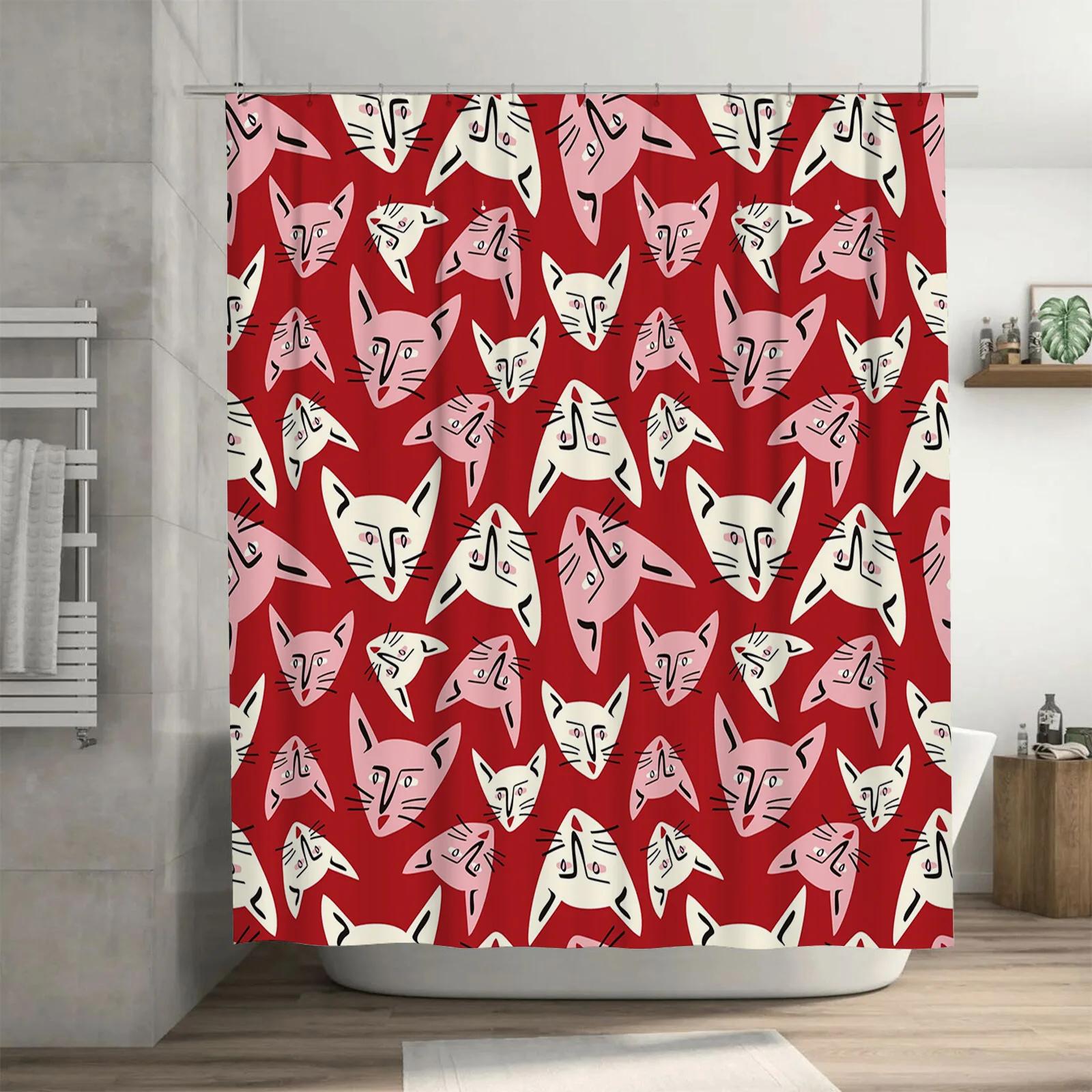 

Modern Bathroom Decorred And White Animal Print Shower Curtain With Cats For Home Decor In Bathrooms 3D Printed Fabric Waterproo W60H190(CM)-1 Pcs