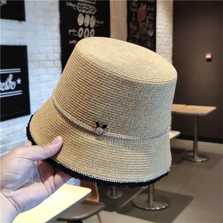 

Spring and summer new straw bucket hat fashion bright diamond lace bucket hat sun protection shade straw hat children Adult average size синій