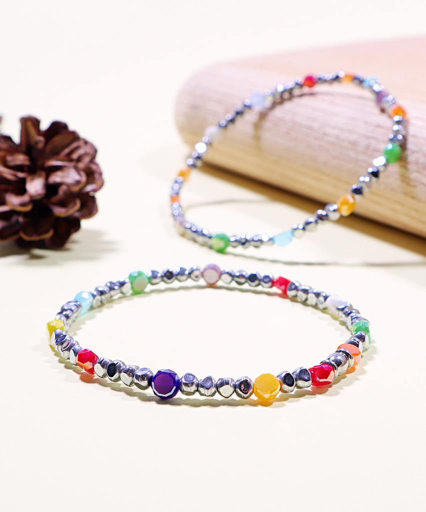 Polalita Rainbow Gemstone & Silver Hematite Bracelet (Plt-Br-139_Sv)
