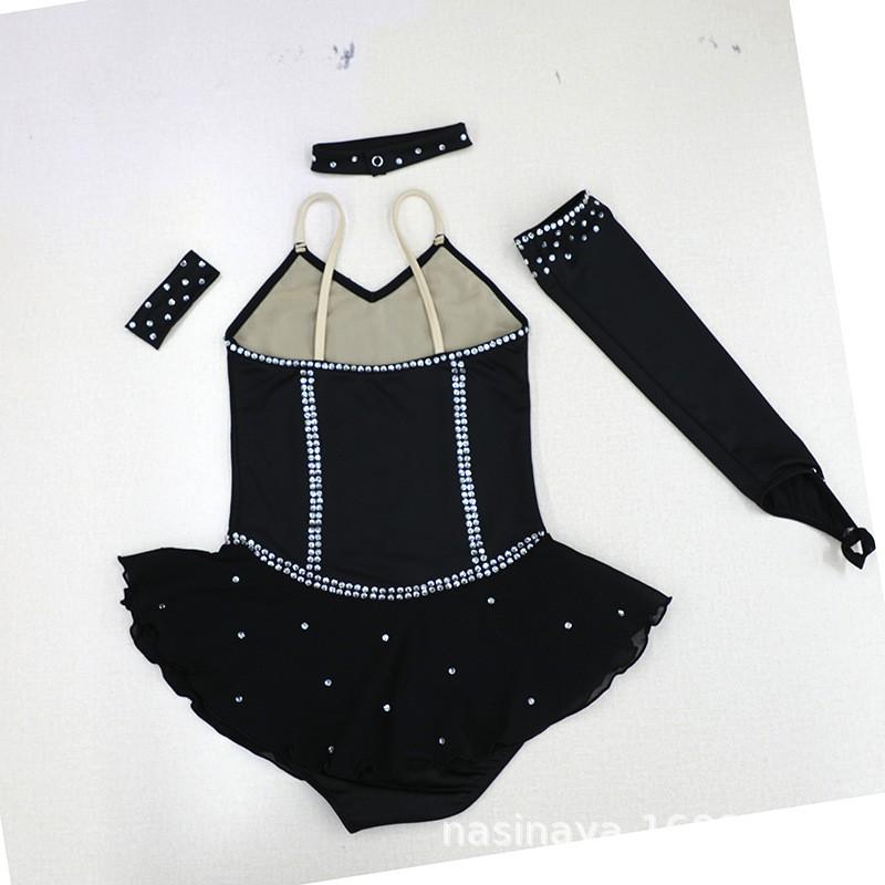 Girls Women Figure Skating Performance Dress Long Sleeve Black Sparkle Rhinestone Costume Competition Stage