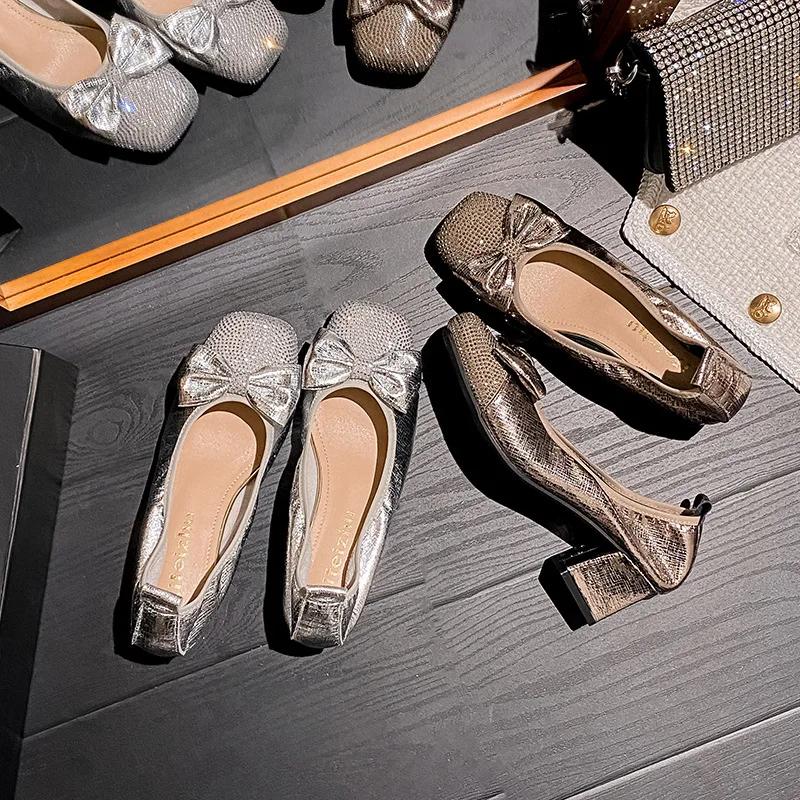 Damenschuhe Mode Pumps Weiches Obermaterial Strass Schleife Hohe Absätze Schuhe Damen Kristall Kleiderschuhe