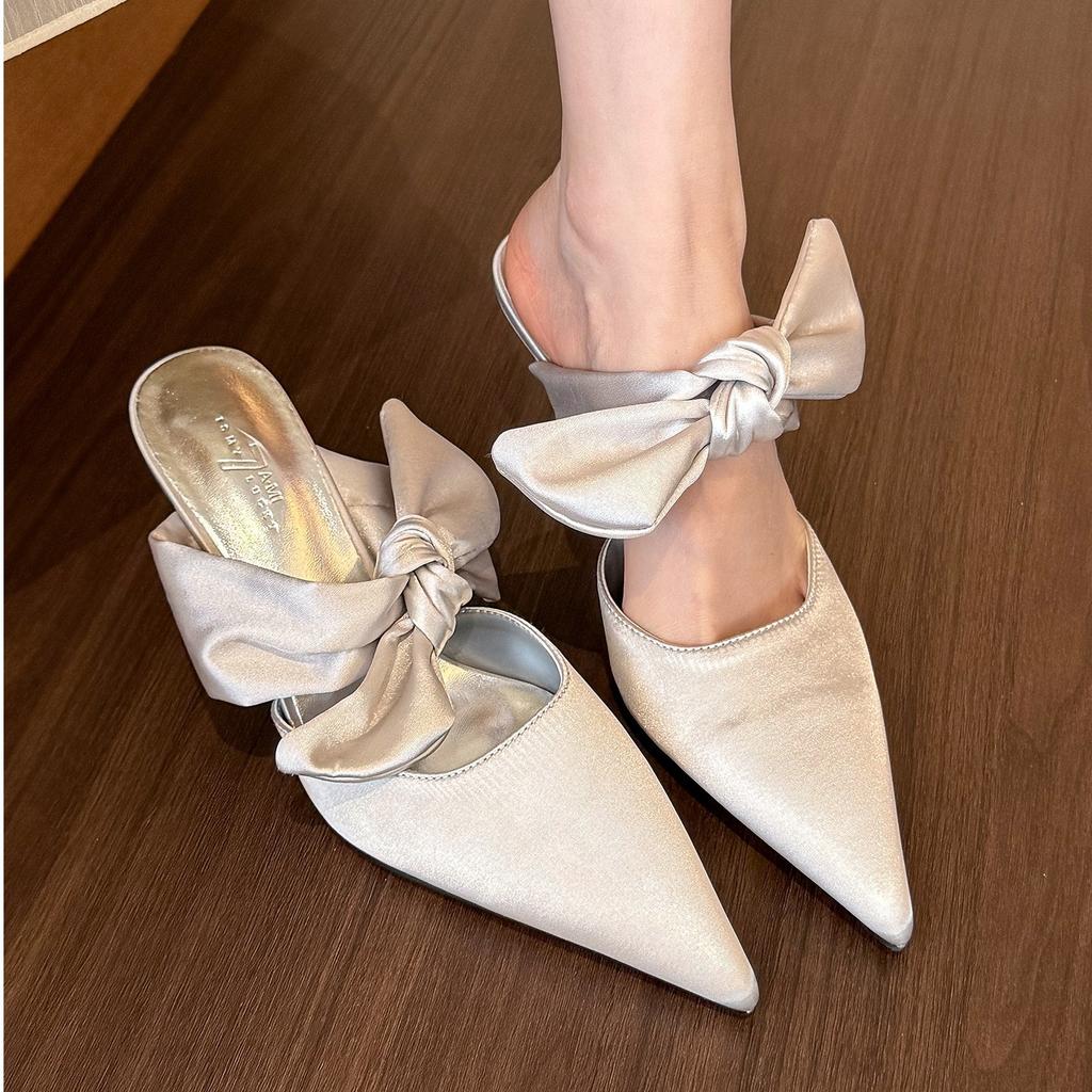 Niche Pointed Muller Sandals Bow Stilettos Women's 2025 Spring and Summer New French Bag Head Half Slippers