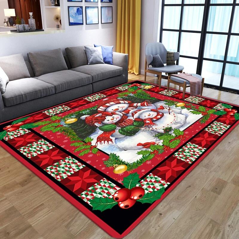 Christmas Themed Festive Rug Santa Snowman Holiday Scene Print Living Room Carpet Home Decor for Christmas Season