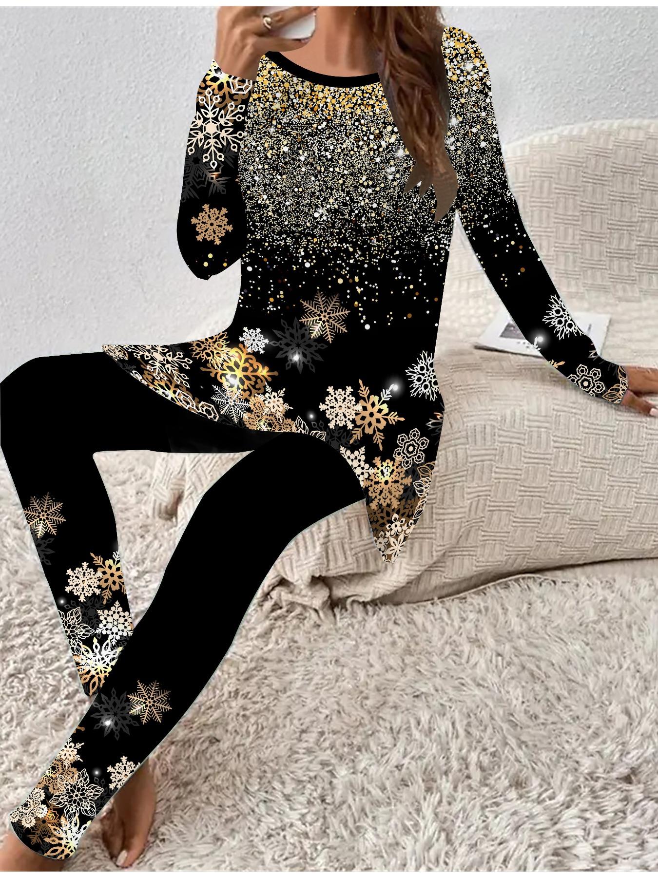 

Евро-американская мода 3D Рождественский принт Женский четырехсезонный комплект из двух предметов: футболка с длинным рукавом + длинные брюки. Идеальный подарок на Новый год и Рождество 3XL жёлтый