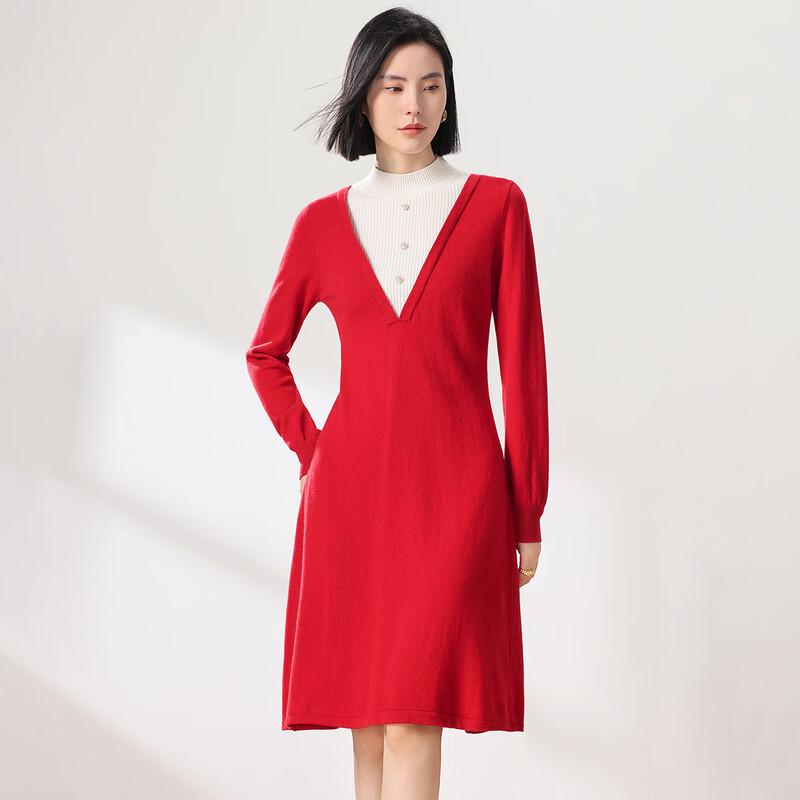 Sanpowa 100% Merino Wool Half-High Collar A-Line Dress