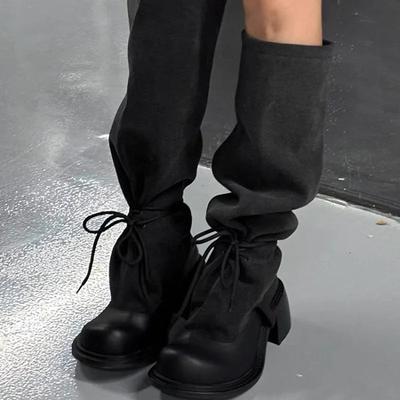 Moda 2024 Novas Botas Femininas Retas Confortáveis e Soltas, Design Frontal com Cadarço, Botas Altas de Lona, Moda de Rua, Botas Femininas de Cano Alto