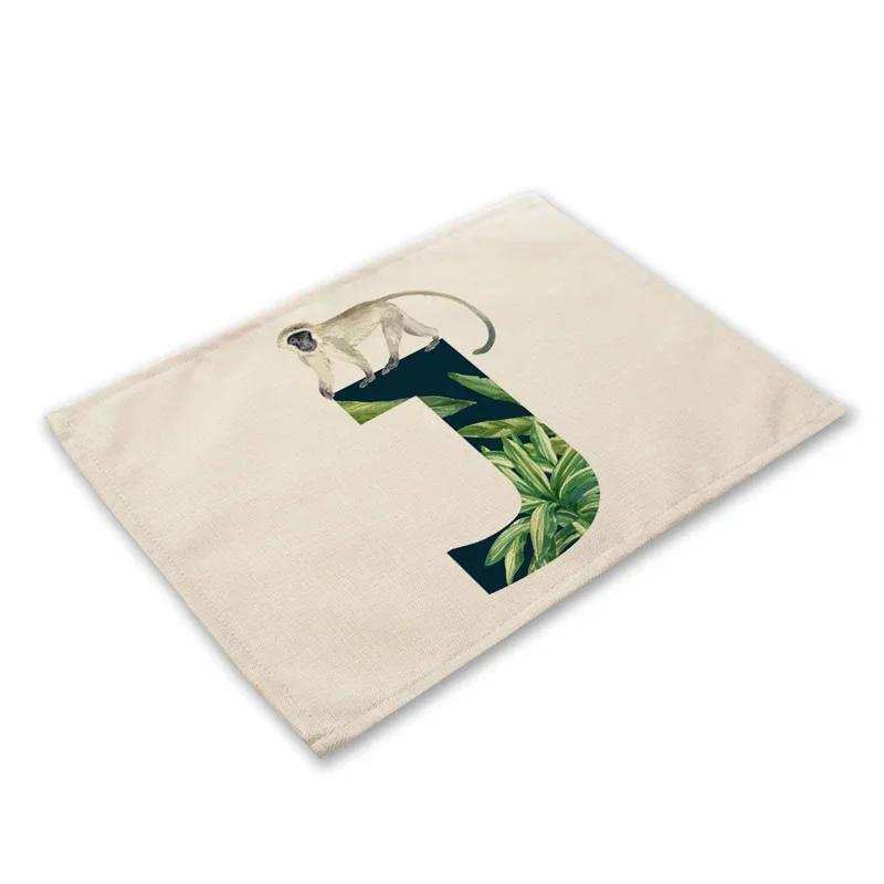 30x45cm Alphabet Letters Linen Kitchen Placemat Botanical Plant Green Tropical Leaves Dining Table Mats Coaster Pad