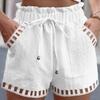 Women's Shorts Para Cotton Linen Solid Color Thin Hollow Out Design Trim Pocket Tight Waist Shorts Beachwear White Clothes