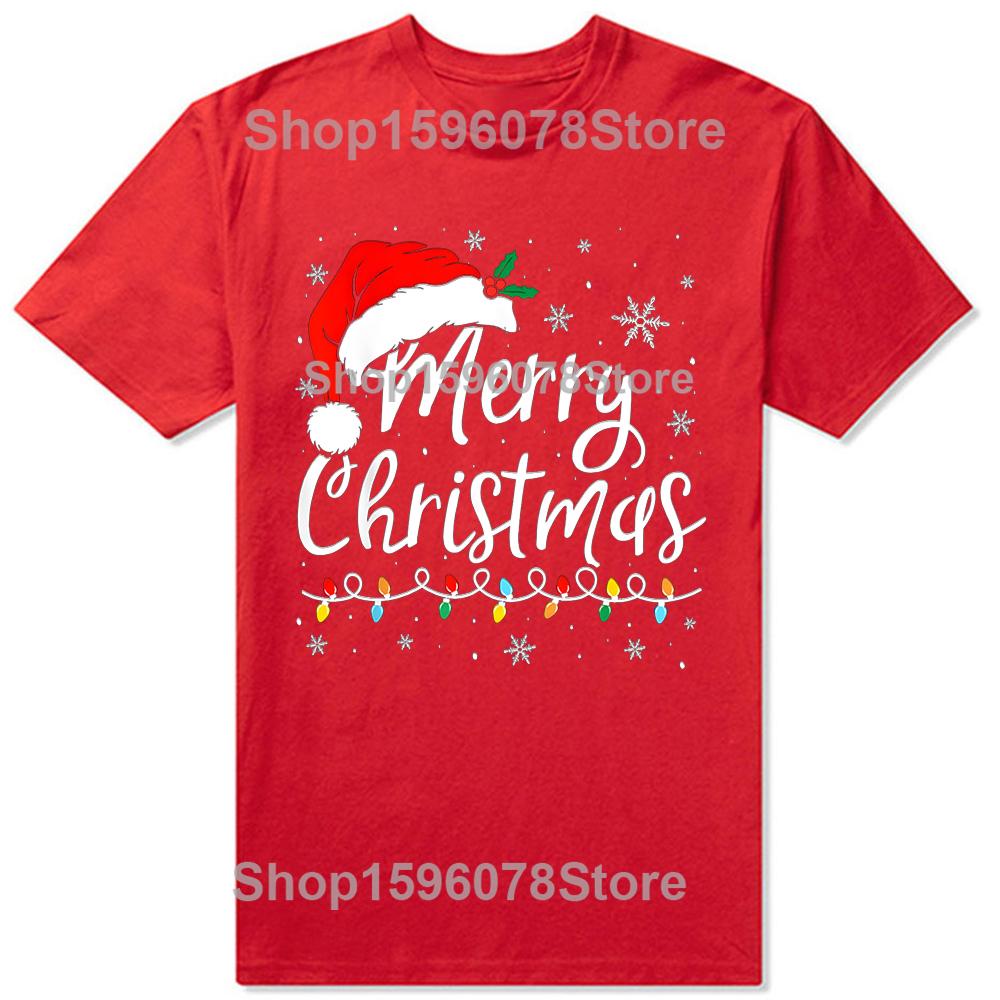 Merry Christmas Lights Santa Hat Xmas Family Matching TShirt Summer Men Fashion T Shirts Cotton Short Sleeve Oversized Tops S