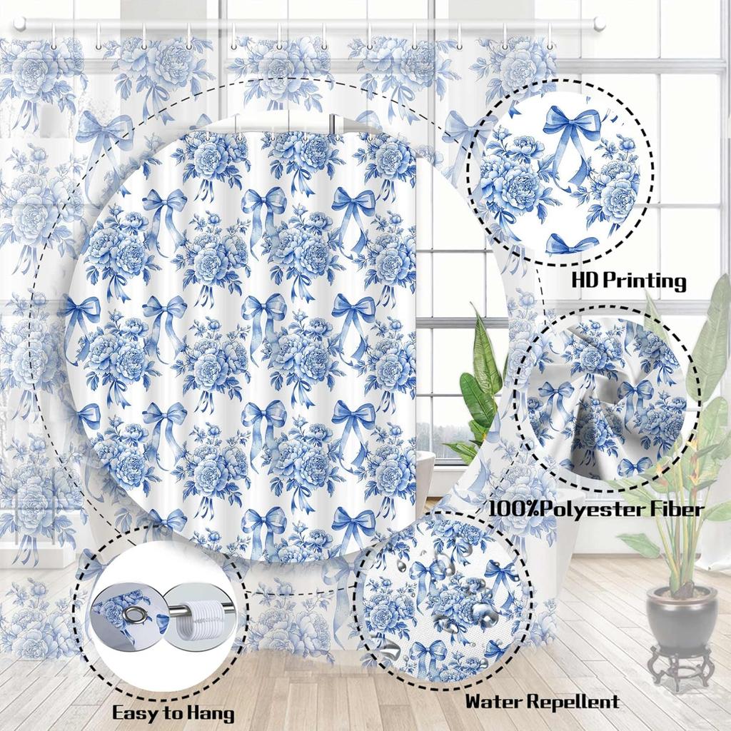 Floral Shower Curtain, Vintage Blue Bow Floral Aesthetic Bathroom Decor Curta, Modern Chinoiserie Vintage Peony Shower Curtain Set with Hooks,