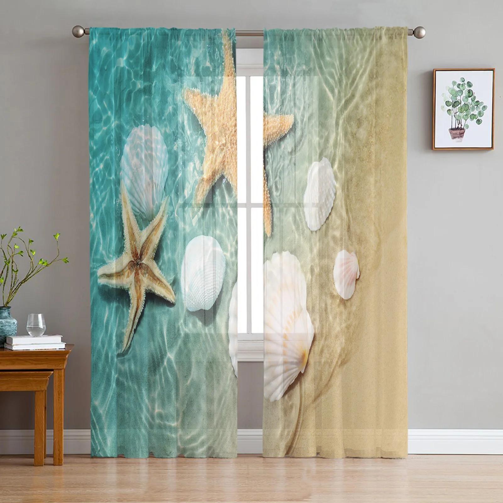 

Ocean Beach Starfish Shell Transparent Drapes Perfect for Bed Chamber Living Room Decoration Window Panel Curtain Cooking Area Netting Sheer Fabric W135 x H115cm x1&Grommet Top